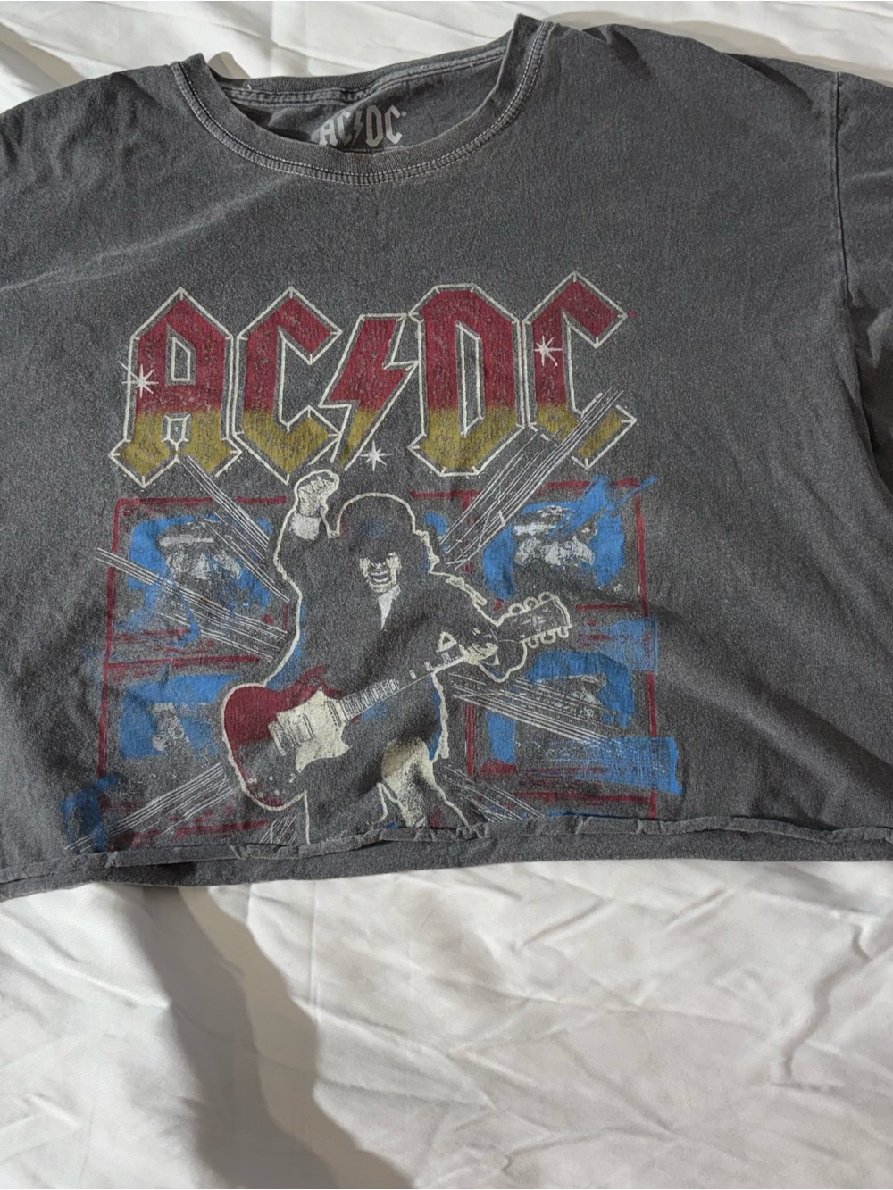 AC/DC Gray Crop Tee with Red, Yellow and Blue Logo